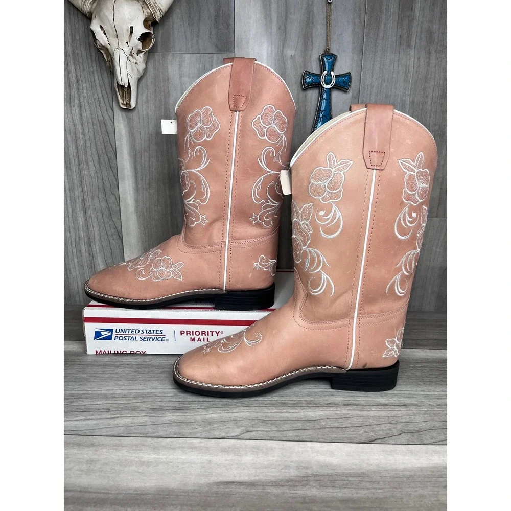 Shyanne Lasy Floral Boots Kids 7 Pink Floral Embroidered Square Toe BBSC1980